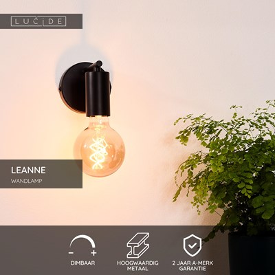 Lucide LEANNE - Wandlamp - 1xE27 - Zwart